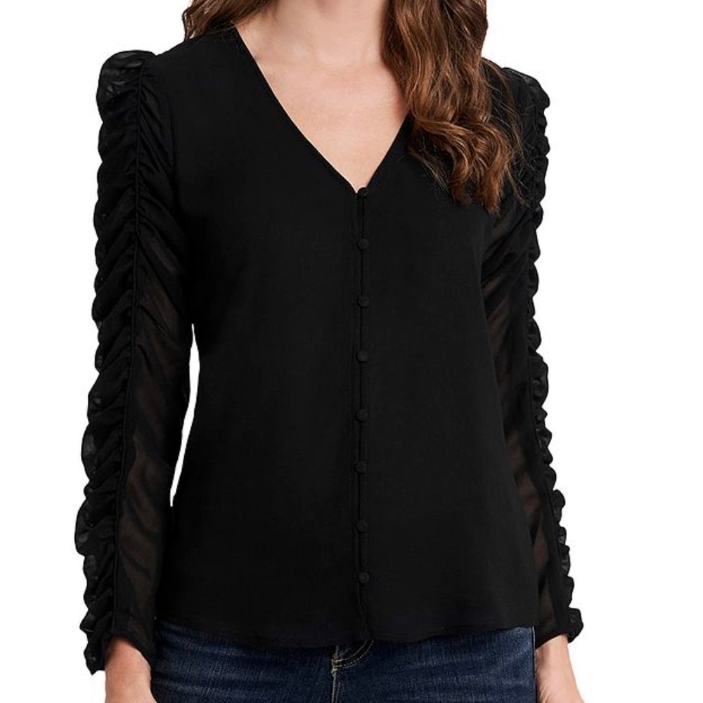 1.State Black Ruched Sleeve Button Front V-Neck